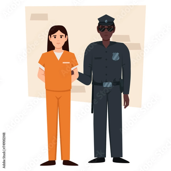 Obraz Prisoner in orange uniform. Cope and bandit. Vector flat illustration