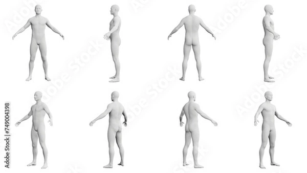 Fototapeta Athletic Young Man Standing with Arms Out, multiple views (side, front, back), 360 degrees rotation.