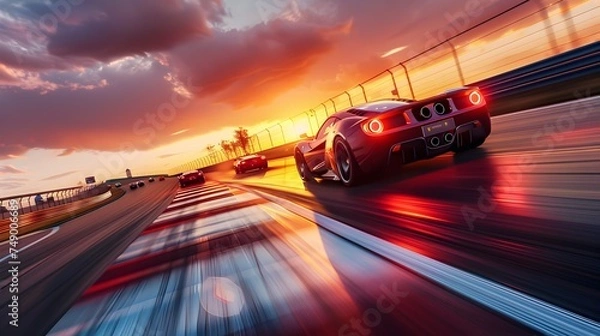 Fototapeta High-Octane Racing Cars Speeding on Track at Sunset - Generative AI