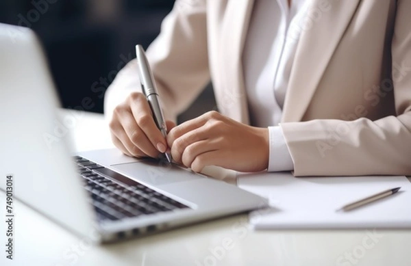 Obraz a young woman writing notes by a desk with laptop