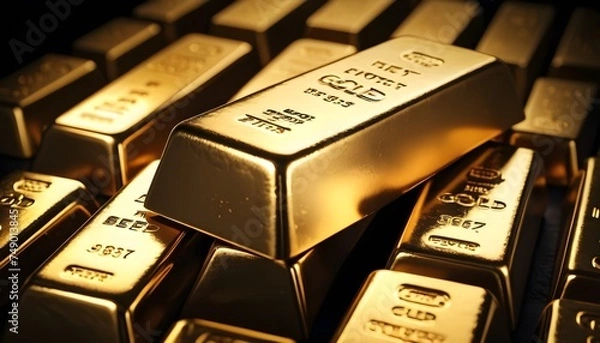 Obraz Golden ingots on dark background macro