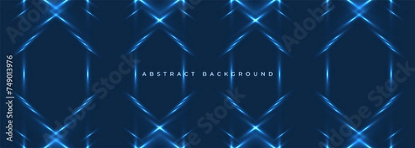 Fototapeta Dark blue wide abstract horizontal technology banner background with diagonal neon lines. Vector illustration