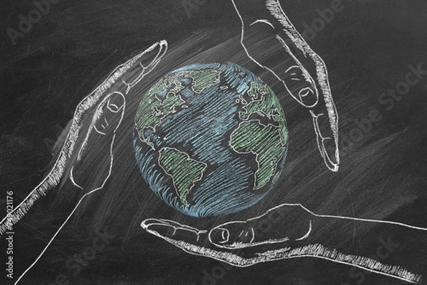 Fototapeta Rotating globe with male palms hand drawn in chalk on a school blackboard. Save our planet.