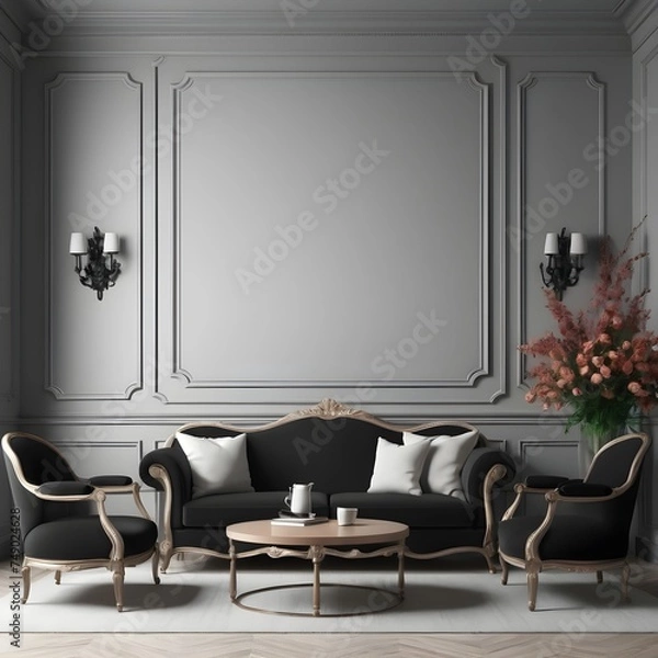 Fototapeta A traditional black decor featuring wall moldings, a coffee table, flowers, and armchairs. 3D render mockup of an illustration.