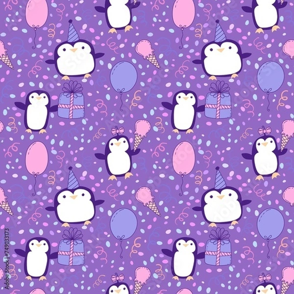 Fototapeta Birthday party animals seamless penguin pattern for wrapping paper and fabrics and kids print and summer print