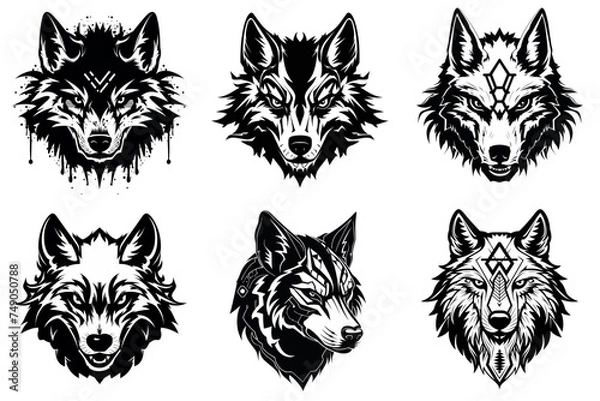 Fototapeta set of head of wolf black and white vector illustration isolated transparent background logo, cut out or cutout t-shirt print design