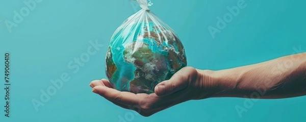 Fototapeta Hand holding Earth globe in plastic bag on blue background. World environment, Earth day. Environment and conservation concept. Environmental problems and protection. Caring for nature and ecology