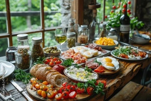 Fototapeta A sumptuous brunch display on a rustic wooden table, featuring a variety of dishes from eggs to cold cuts in a homely setting
