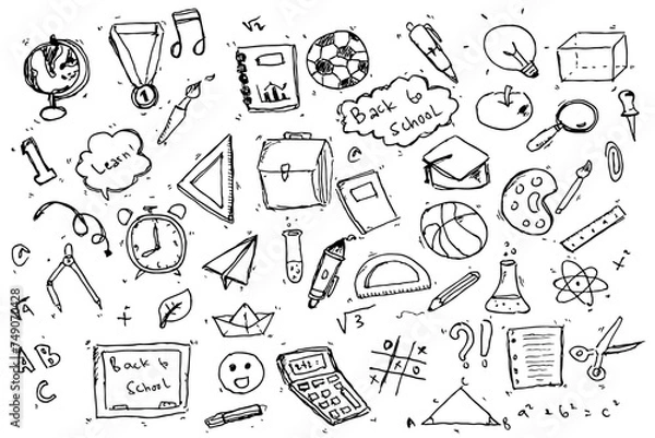 Obraz Doodle Back to school, Hand drawn set of cute doodles for decoration on white background.