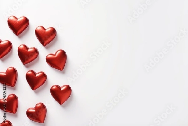 Fototapeta A spread of glossy red hearts arranged on a pristine white background, symbolizing love and romance. Glossy Red Hearts on White Valentine's Day Background