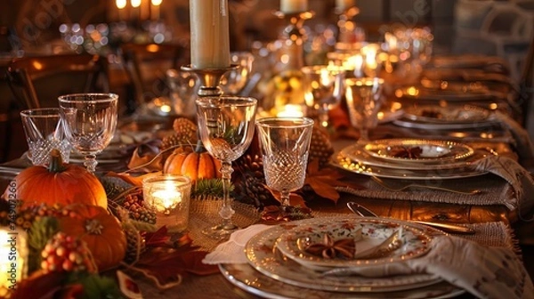 Fototapeta Rustic Thanksgiving dinner table set for eight