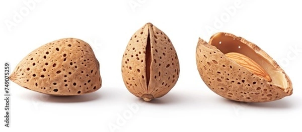 Fototapeta Three pieces of a nut, likely an almond, with shells intact, placed on a clean white background. The pieces show the inner nut meat, brown shell, and texture details.