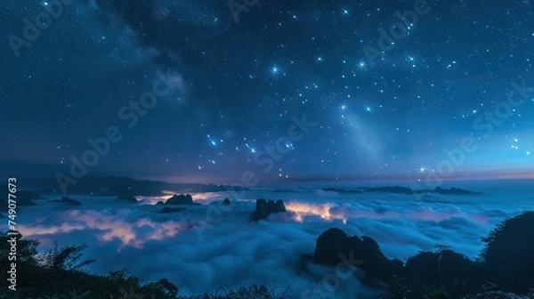 Fototapeta Night view of Phu Langka, Thailand, backdrop of the star tails. Naga shaped clouds