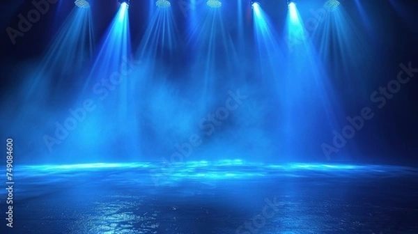 Fototapeta Dark background with lines and spotlights, neon light, night view. Abstract blue background