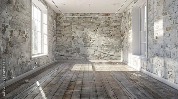 Fototapeta Empty a white Interior of vintage room without ceiling from gray grunge stone wall and old wood floor.