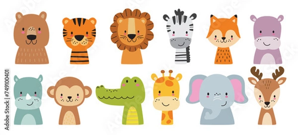 Fototapeta Cute wild animal faces set. Vector illustration of woodland and safari animal faces including a bear, tiger, lion, zebra, giraffe, fox, hippy, rhino, monkey, crocodile, elephant, and dear.