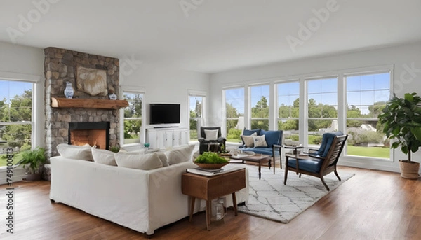 Fototapeta two story modern living room with fireplace and neutral decor