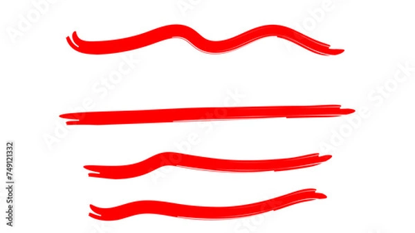 Fototapeta Brush strokes, red ink lines, vector abstract set with paint brush grunge texture on transparent background. Paintbrush strokes and ink smear stains. doodle underlines. vector illustration