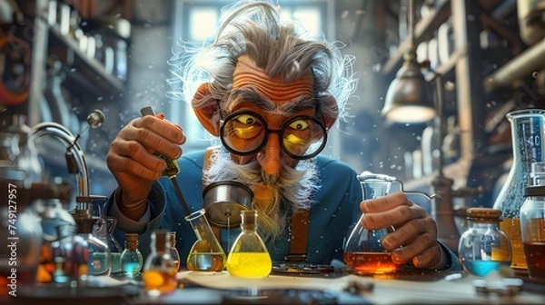 Obraz Vibrant Cartoon Chemistry Professor Conducting an Experiment