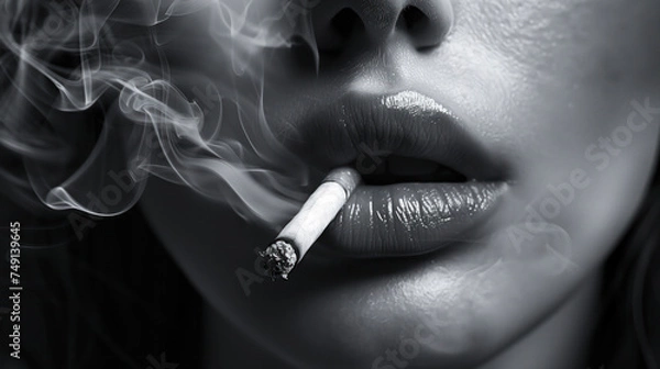 Fototapeta Close-up of a woman's lips with a smoking cigarette