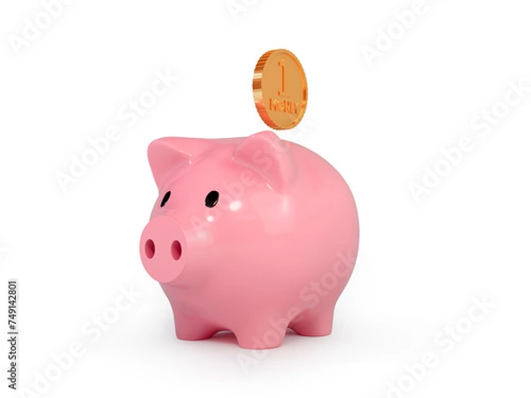 Obraz Piggy bank with coin. 3d rendering. Pink color.