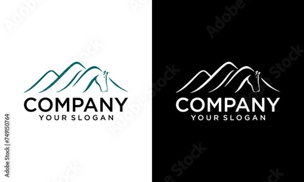 Fototapeta Creative equine hill logo, with mountain and sophistic head horse vector. mountain with horse logo design vector illustration template
