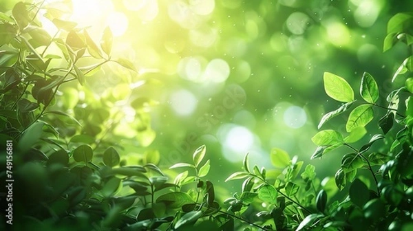Fototapeta Fresh healthy green bio background with abstract blurred foliage and bright summer sunlight 