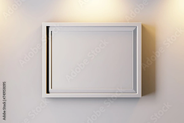 Fototapeta blank minimal a4 size paper horizontal achievement certificate poster on simple white frame realistic mockup mounted on wall on cozy warm interior isolated 3d rendering illustration