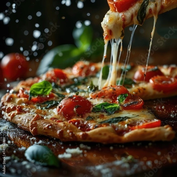 Fototapeta close up of pizza with tomato and basil. Generative AI
