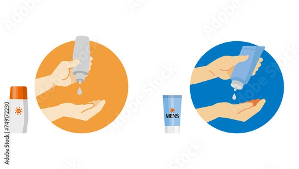 Obraz 日焼け止めと、日焼け止めを塗る男性と女性の手のイラストセット。シンプルで明るいタッチ。