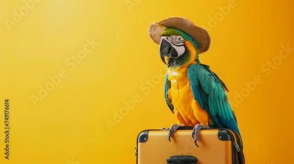 Fototapeta Parrot sitting on suitcase with sunglasses preparing for summer trip. Creative vacation concept.