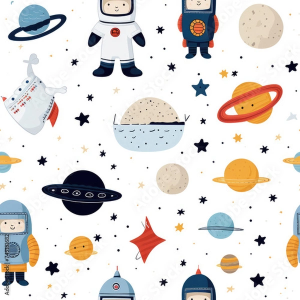 Fototapeta cute simple repeating pattern of flat colored children's drawings of space, rockets, planets, astronauts and stars on a white background 