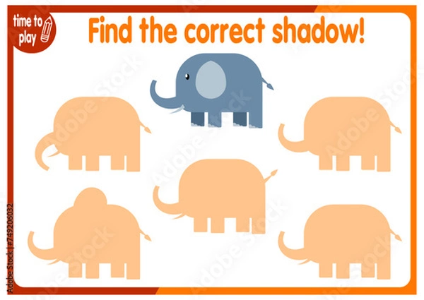 Fototapeta tasks for children's development. logical problems. find the right shadow. animal. elephant