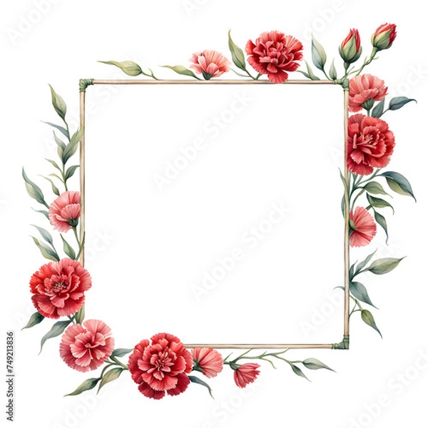 Fototapeta carnation-centered-within-a-frame-petals-bright-red-stem-lush-green-watercolor