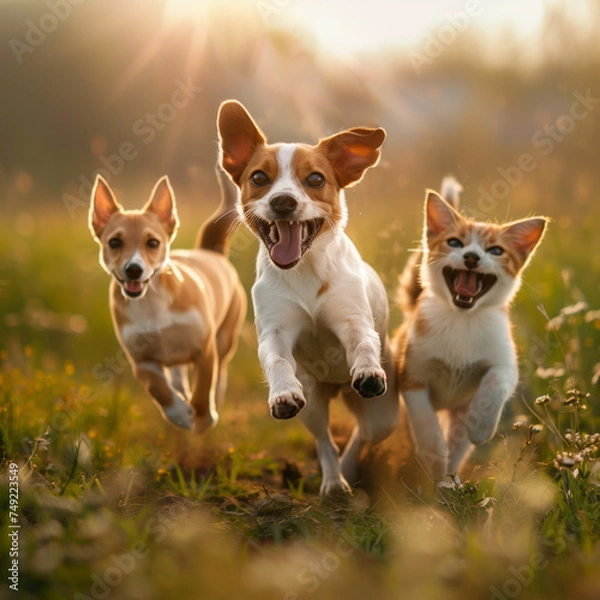 Fototapeta Cute funny dog and cat group jumps and running and happily a field blurred background
