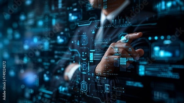 Fototapeta a businessman standing and looking at the a digital hologram. Digital technology concept.