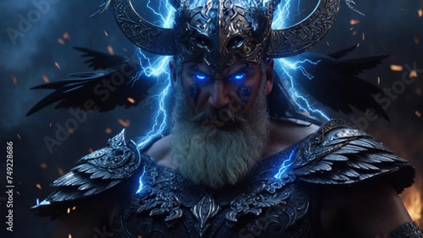 Fototapeta God Odin with glowing eyes and lightning in the background.