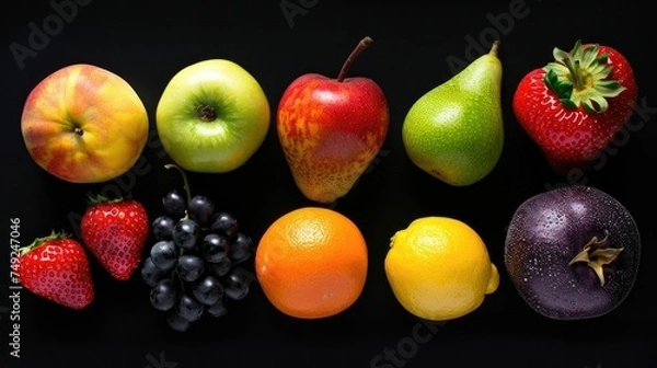 Fototapeta Photo realistic image of delicious ripe fruits. Set collection, isolated on black background. Generative ai