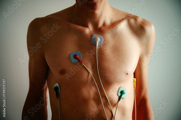 Fototapeta Monitoring heart vitality: A young man's torso adorned with an EKG, bathed in the soft hues of natural daylight.