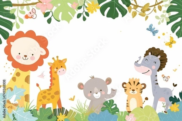 Fototapeta Enchanting Menagerie: Colorful Illustrations of Zoo Animals with Expansive White Space for Textual Integration and Customization