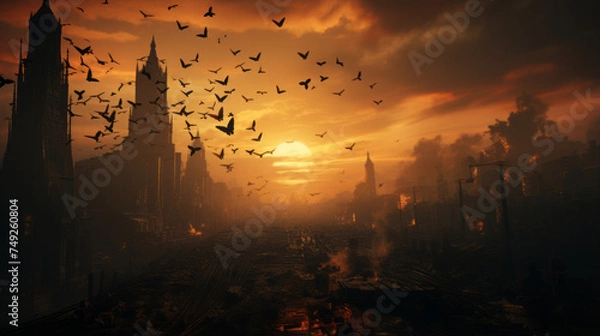 Fototapeta Vibrant Sunset Sky: A Stunning Landscape of Nature's Beauty in Orange Light and Red Clouds at Dawn and Dusk over the Horizon, generative AI