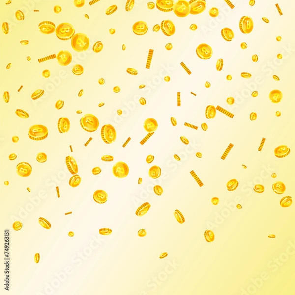 Obraz Bitcoin coins falling. Cryptocurrency scattered