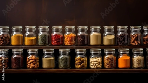Obraz A collection of various spices arranged in glass jars.
