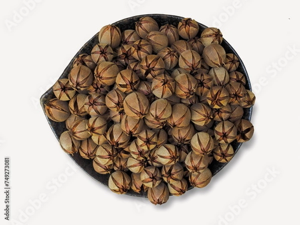 Fototapeta Pride of India dry seeds (Lagerstroemia speciosa) in a bowl isolated on white background, other common names :  Queen’s Flower, Queen’s Crape Myrtle. 