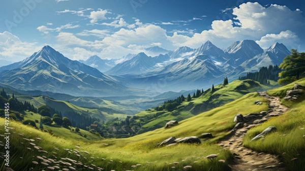 Fototapeta Breath-taking Alpine scenery: Majestic mountains, lush meadows, and endless skies in a panoramic view of nature's beauty and serenity, generative AI