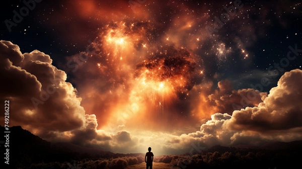 Obraz Man Observing Massive Explosion from a Distance