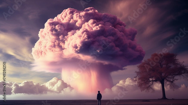 Obraz Man Observing Massive Explosion from a Distance