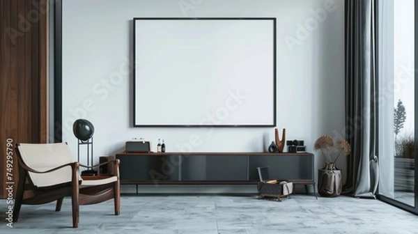 Fototapeta Modern interior with large roller blinds automatic solar and blackout shades wood decor panels on walls and electric sunscreen curtains for home With copyspace for text
