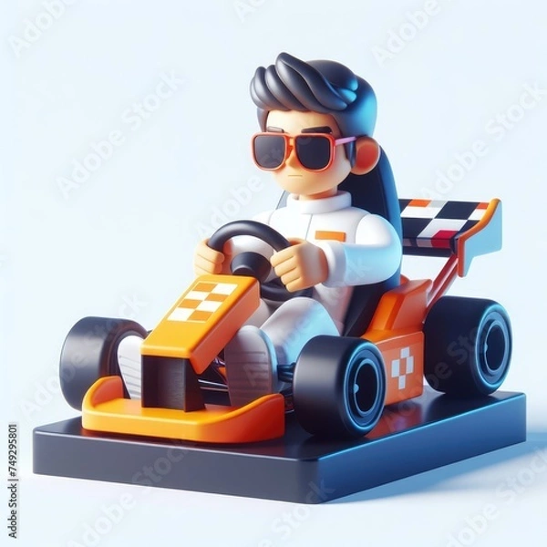 Obraz Racer in a racing car in a static pose and black glasses. Colorful Cartoon Cute 3D character.