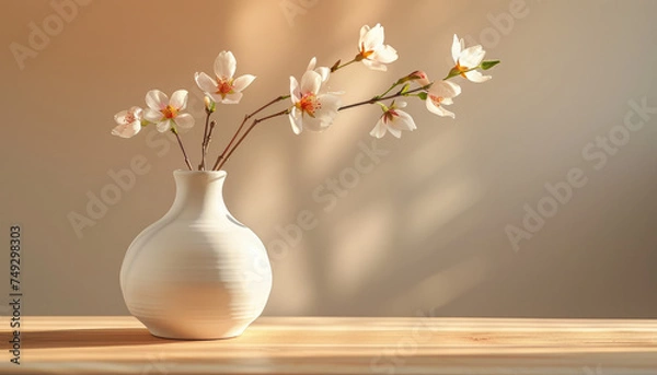 Fototapeta Bathed in the soft glow of the morning, the fragile cherry blossoms radiate within the purity of a white vase, against the backdrop of gauzy curtains.